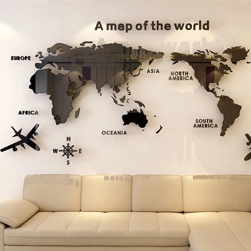 3D Acrylic World Map Wall Sticker – Modern Mirror Wall Art for Home & Office Decor 🌍✨