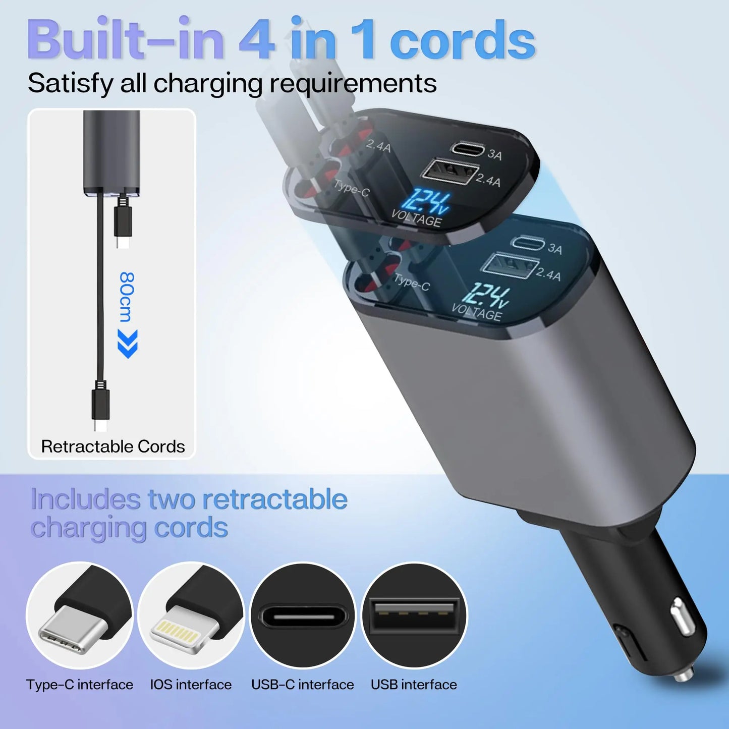 🚗 120W/66W 4-in-1 Retractable Car Charger – Fast, Smart & Clutter-Free!