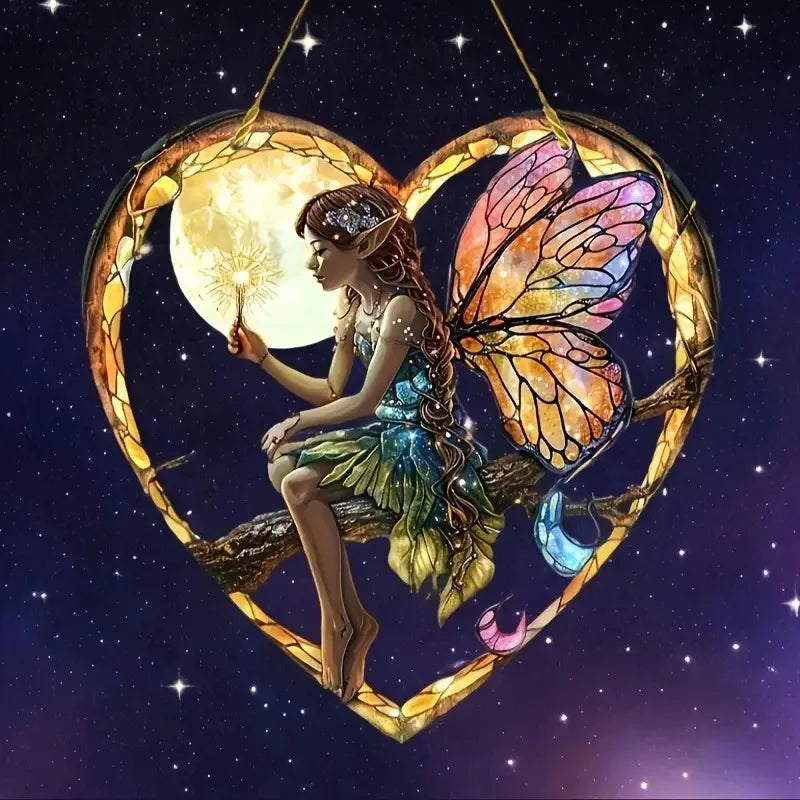 Magical Fairy Suncatcher – Stained Glass Acrylic Heart Wall Hanging ✨🧚♀️