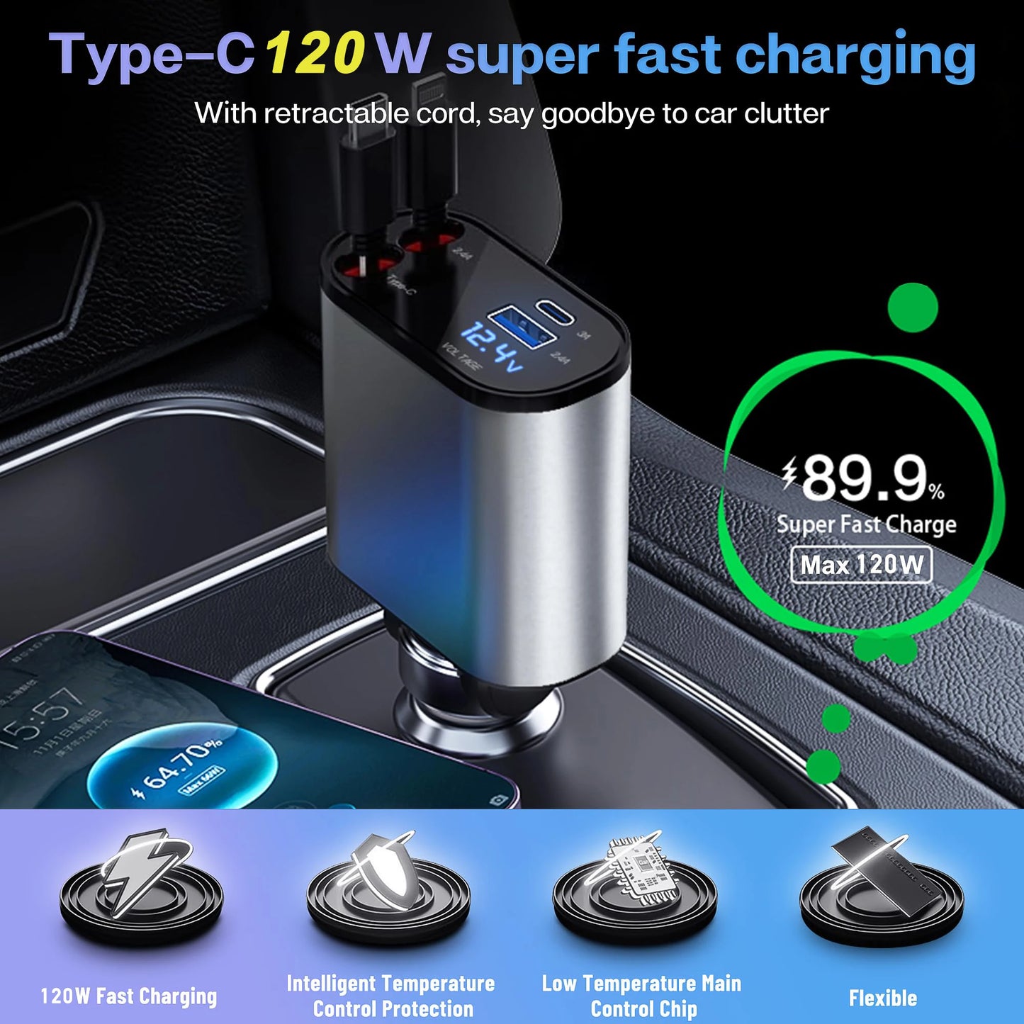 🚗 120W/66W 4-in-1 Retractable Car Charger – Fast, Smart & Clutter-Free!