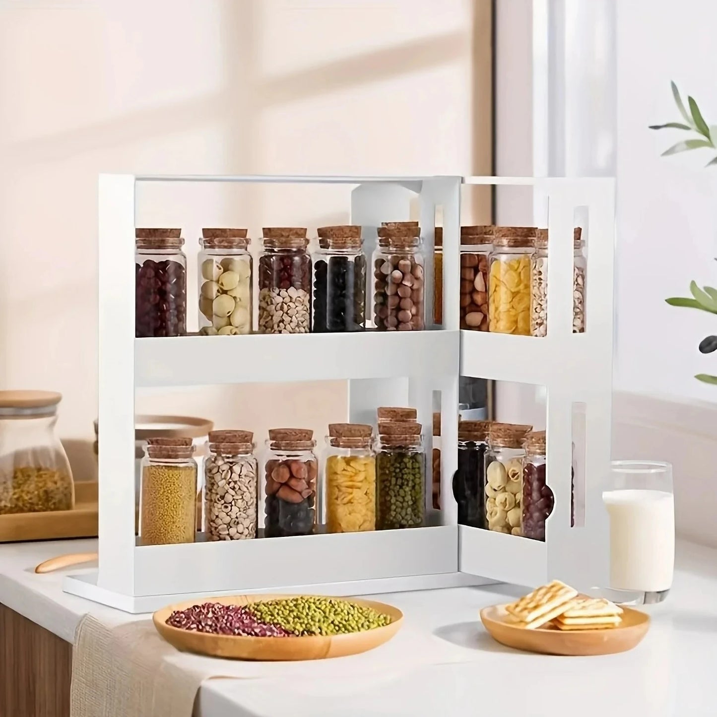 90° Swivel 2-Tier Spice Storage Rack – Space-Saving & Multi-Functional Organizer