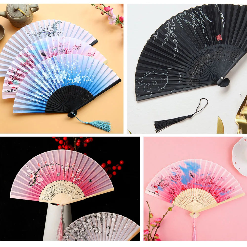 ๐ฟ Elegant Bamboo Silk Folding Fan โ Vintage Chinese & Japanese Style ๐