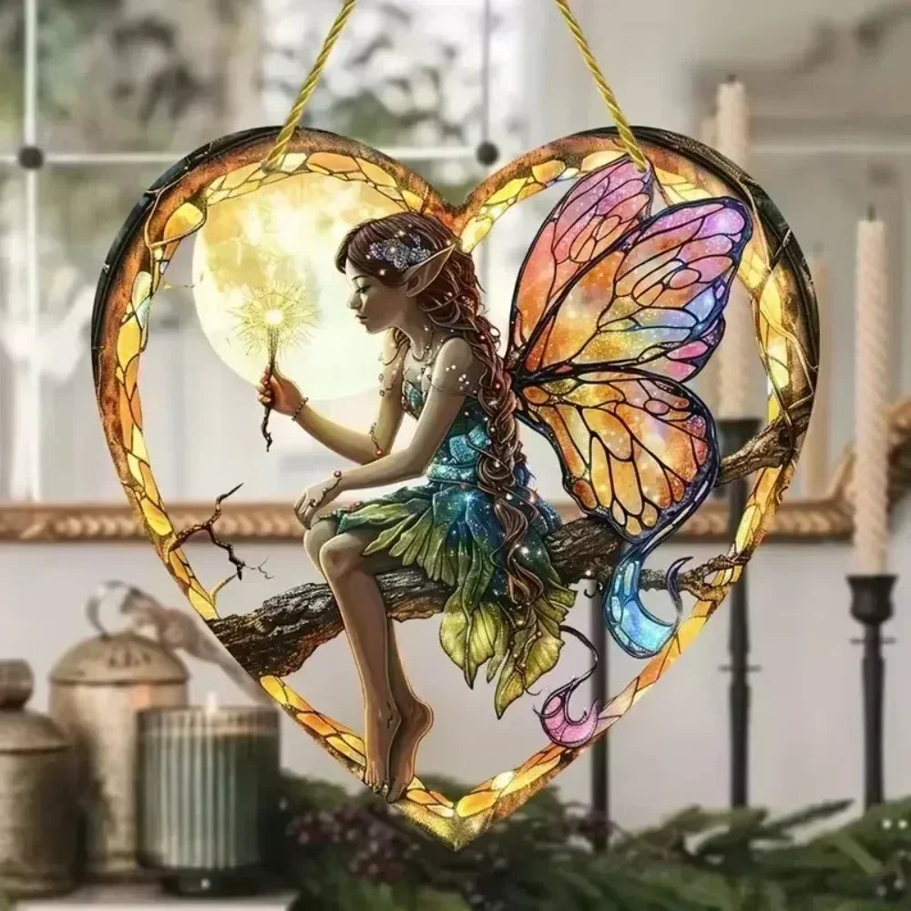 Magical Fairy Suncatcher – Stained Glass Acrylic Heart Wall Hanging ✨🧚♀️