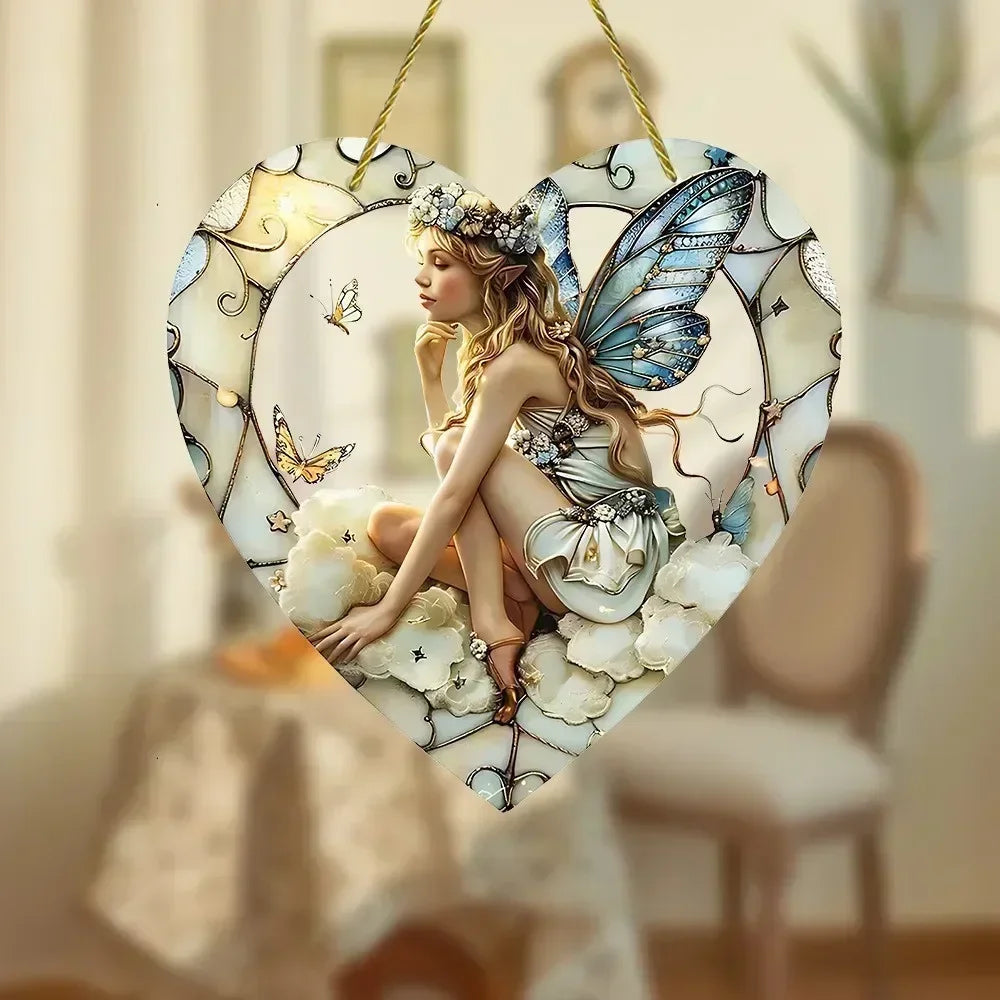 Magical Fairy Suncatcher – Stained Glass Acrylic Heart Wall Hanging ✨🧚♀️