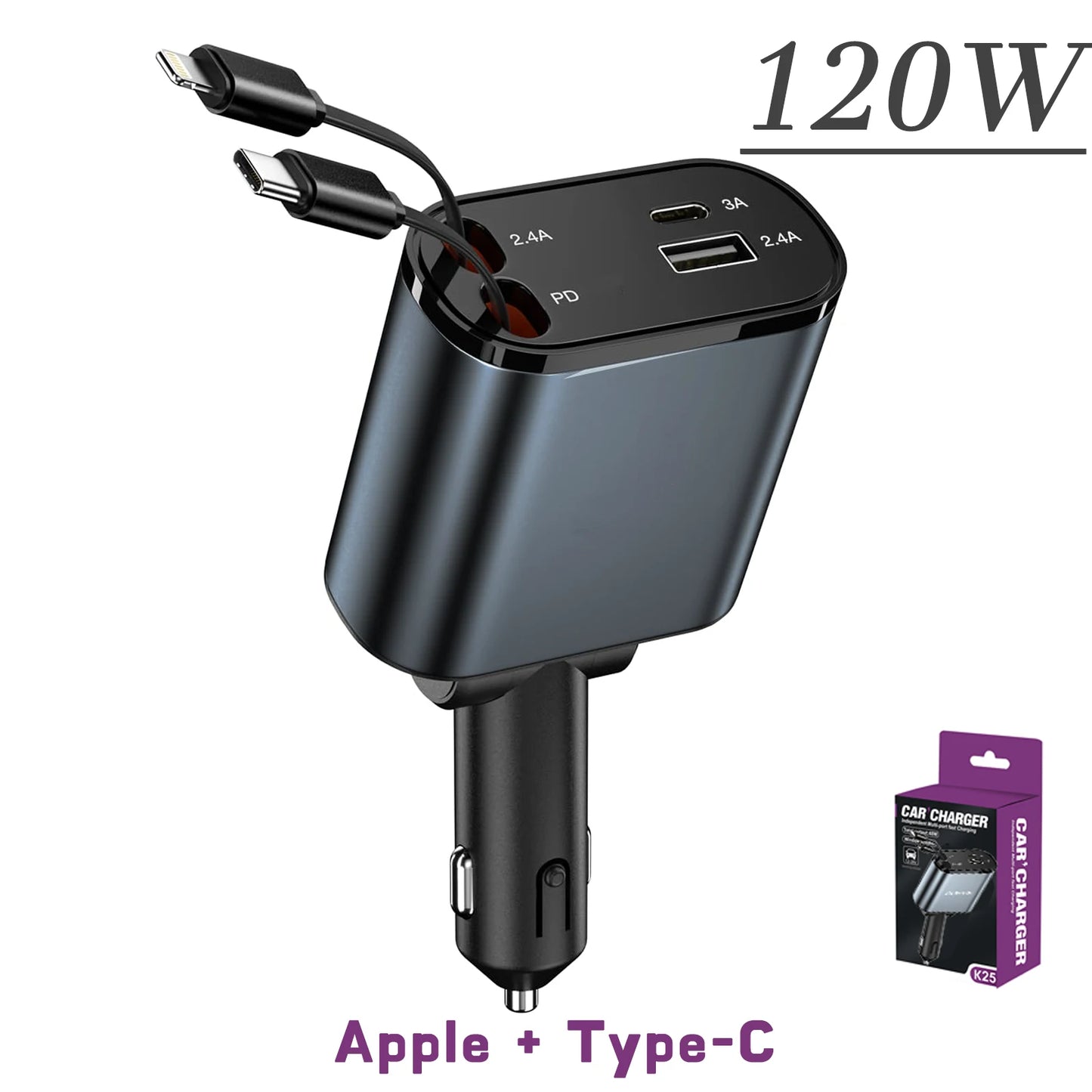 🚗 120W/66W 4-in-1 Retractable Car Charger – Fast, Smart & Clutter-Free!