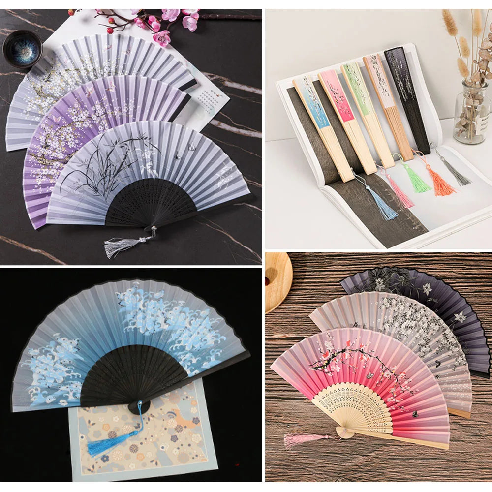 ๐ฟ Elegant Bamboo Silk Folding Fan โ Vintage Chinese & Japanese Style ๐