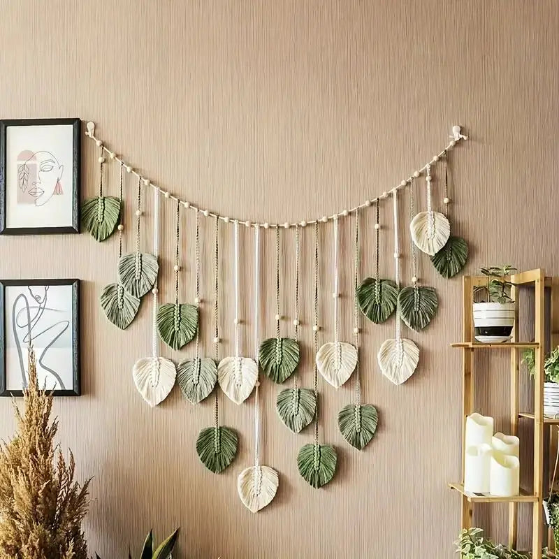 Boho Macrame Leaf Feather Wall Hanging – Handcrafted Wall Art for Living Room, Bedroom & Home Decor
