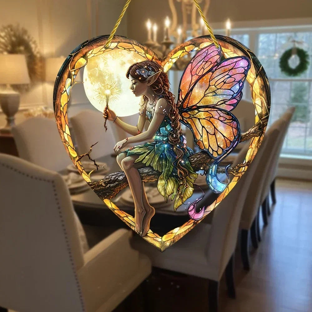 Magical Fairy Suncatcher – Stained Glass Acrylic Heart Wall Hanging ✨🧚♀️