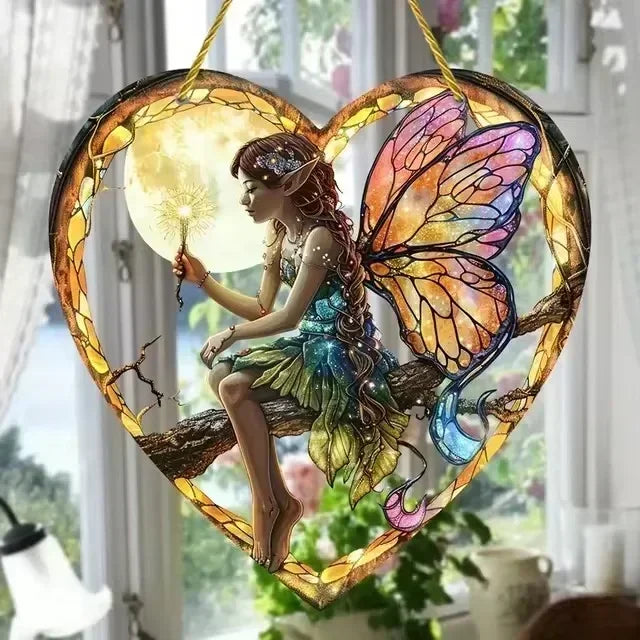Magical Fairy Suncatcher – Stained Glass Acrylic Heart Wall Hanging ✨🧚♀️