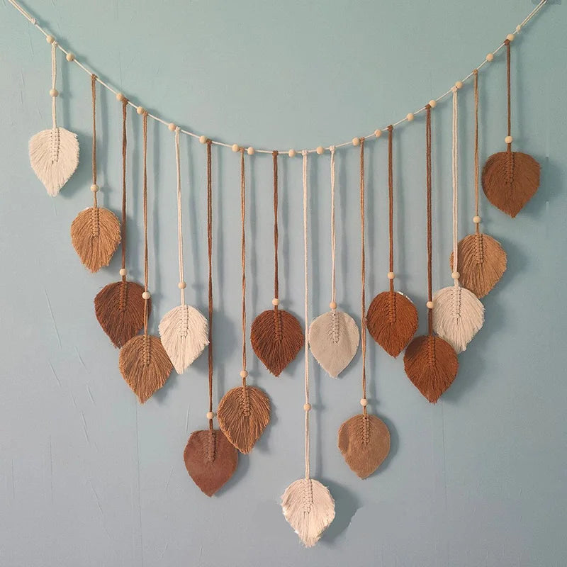 Boho Macrame Leaf Feather Wall Hanging – Handcrafted Wall Art for Living Room, Bedroom & Home Decor