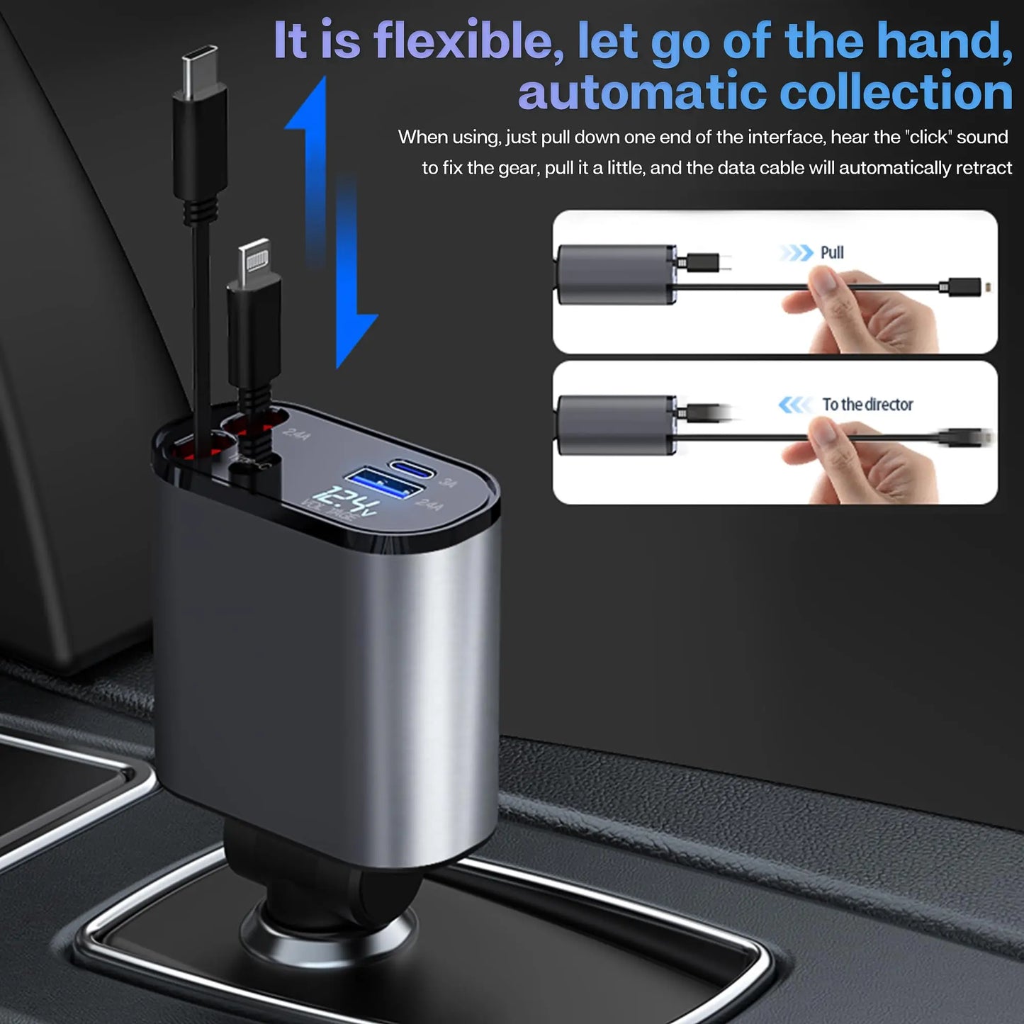🚗 120W/66W 4-in-1 Retractable Car Charger – Fast, Smart & Clutter-Free!