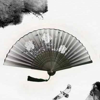 🌿 Elegant Bamboo Silk Folding Fan – Vintage Chinese & Japanese Style 🎎