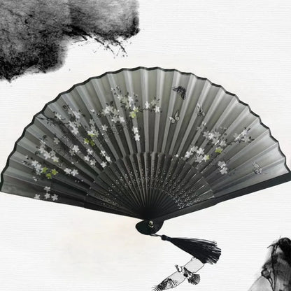 🌿 Elegant Bamboo Silk Folding Fan – Vintage Chinese & Japanese Style 🎎