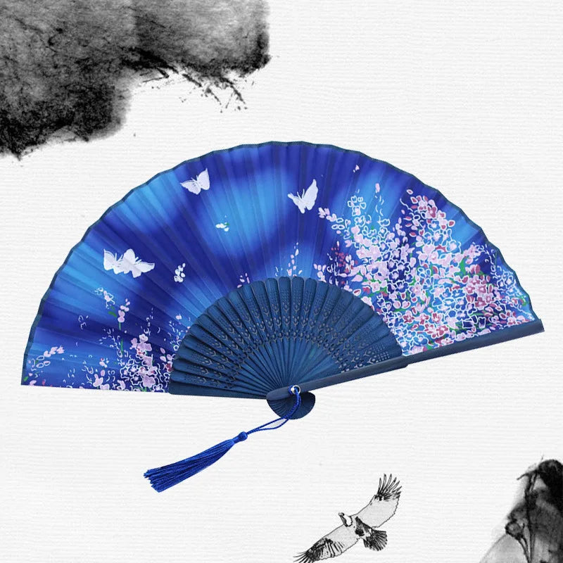 🌿 Elegant Bamboo Silk Folding Fan – Vintage Chinese & Japanese Style 🎎