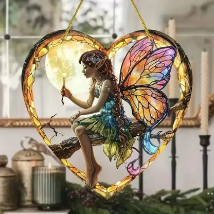 Magical Fairy Suncatcher – Stained Glass Acrylic Heart Wall Hanging ✨🧚‍♀️