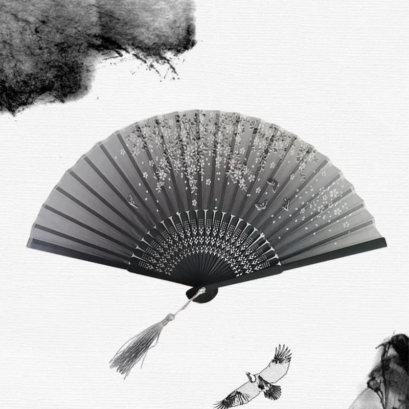 🌿 Elegant Bamboo Silk Folding Fan – Vintage Chinese & Japanese Style 🎎