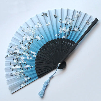 🌿 Elegant Bamboo Silk Folding Fan – Vintage Chinese & Japanese Style 🎎
