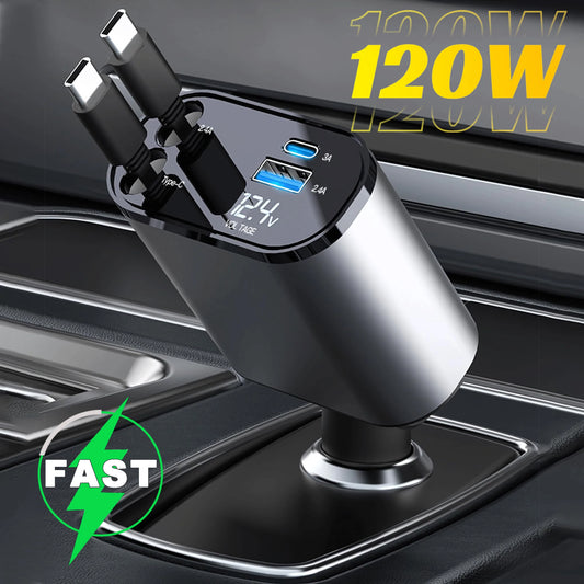 🚗 120W/66W 4-in-1 Retractable Car Charger – Fast, Smart & Clutter-Free!