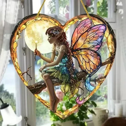 Magical Fairy Suncatcher – Stained Glass Acrylic Heart Wall Hanging ✨🧚‍♀️