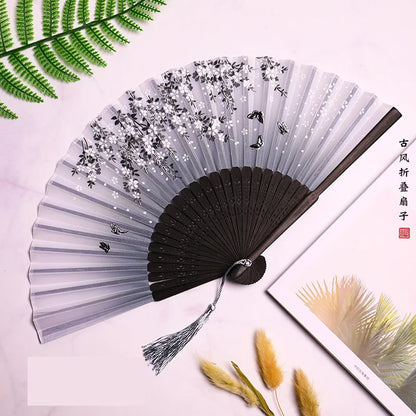 🌿 Elegant Bamboo Silk Folding Fan – Vintage Chinese & Japanese Style 🎎