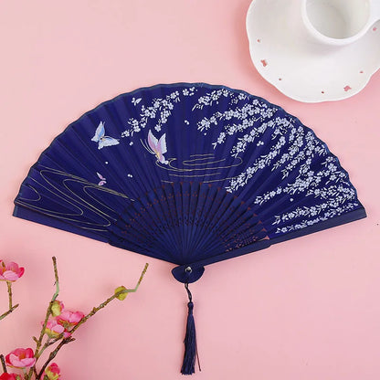 🌿 Elegant Bamboo Silk Folding Fan – Vintage Chinese & Japanese Style 🎎
