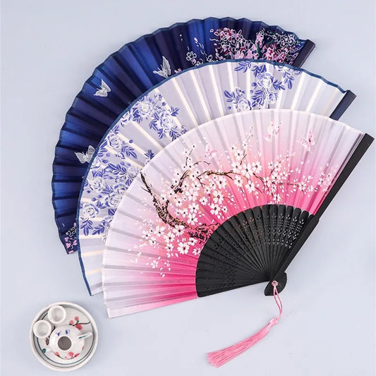 Vintage Silk Folding Hand Fan – Chinese Japanese Bamboo Fan for Dance, Performance, Home Decor & Gifts