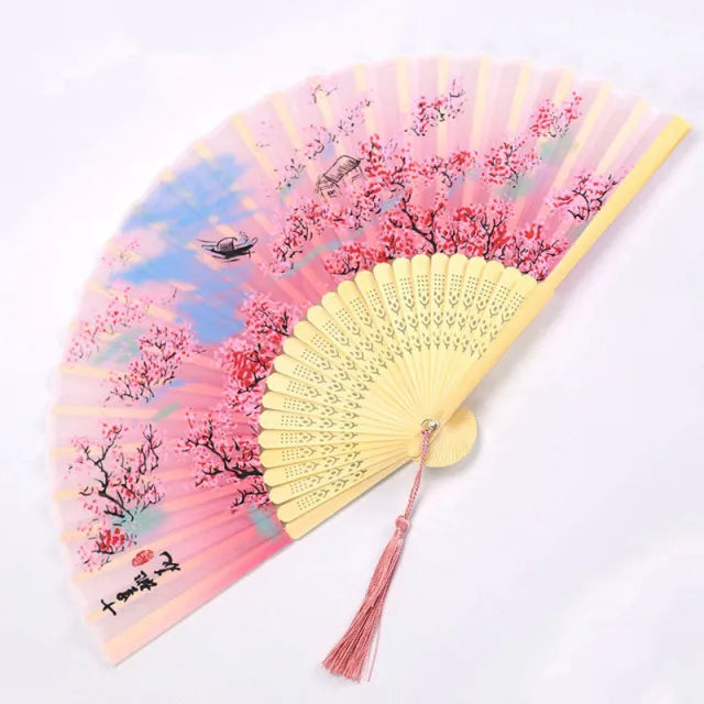 🌿 Elegant Bamboo Silk Folding Fan – Vintage Chinese & Japanese Style 🎎