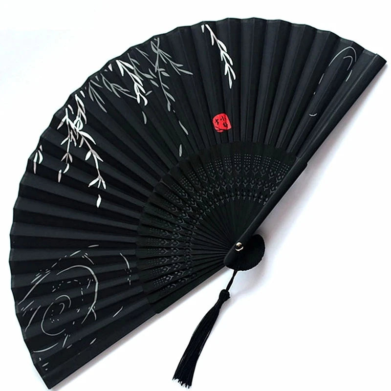 🌿 Elegant Bamboo Silk Folding Fan – Vintage Chinese & Japanese Style 🎎