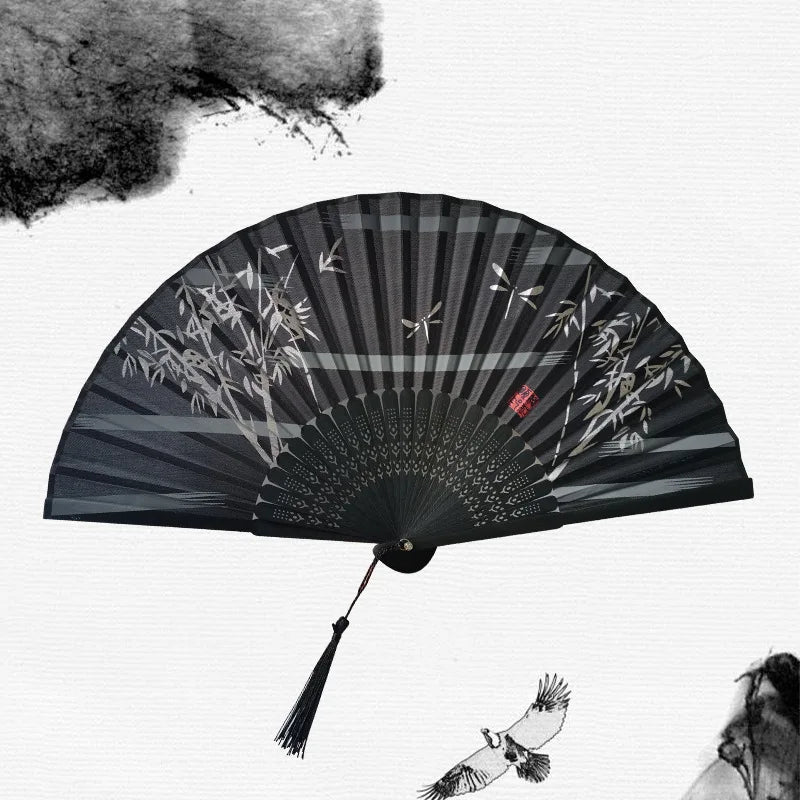 🌿 Elegant Bamboo Silk Folding Fan – Vintage Chinese & Japanese Style 🎎
